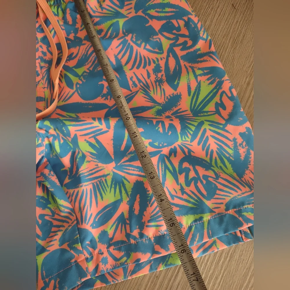 Chubby's Pink/ Turquoise Palms Drawstring Elasticized Waist Zip Swim Sho…